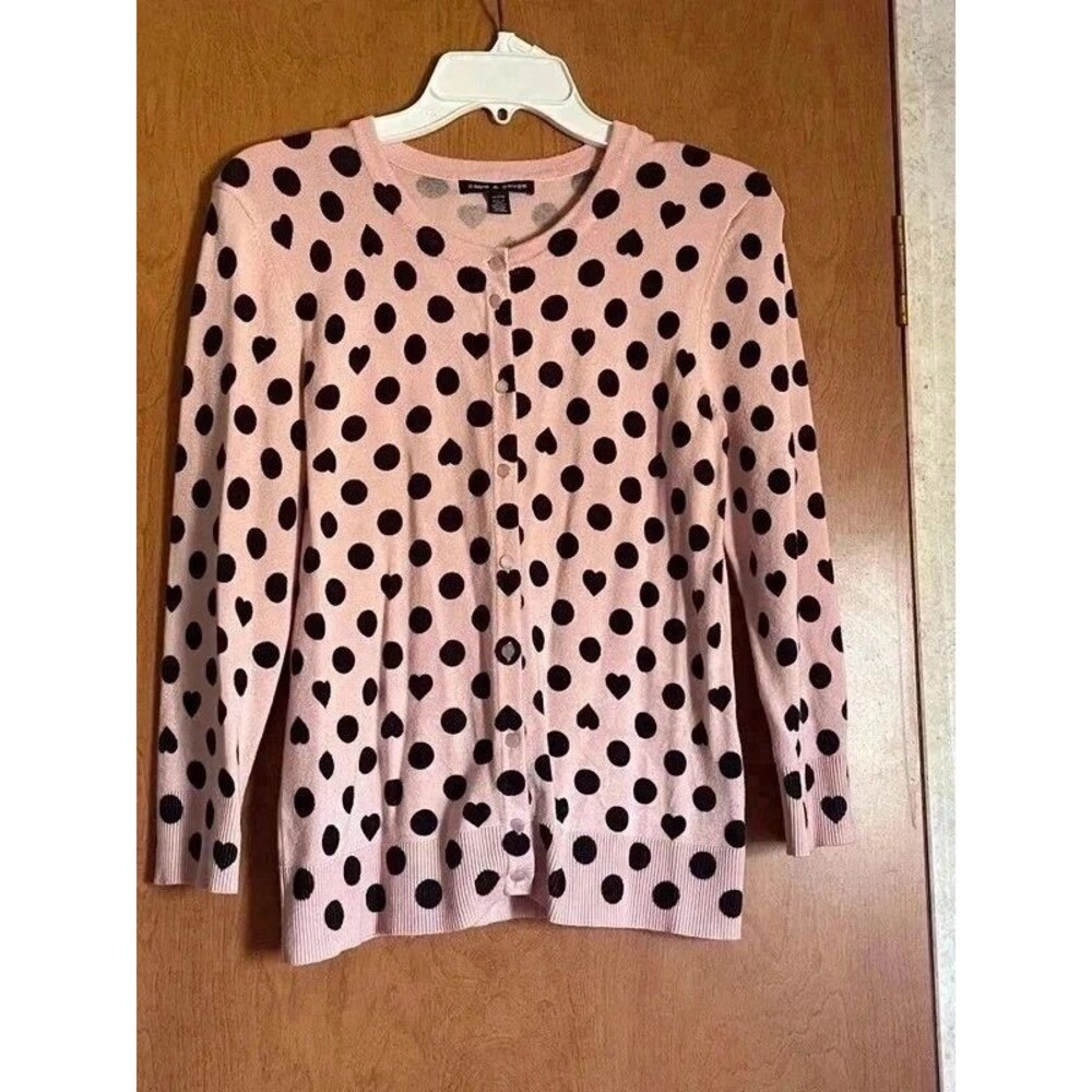 Cable & Gauge Cottagecore Black Polka Dot Pink Heart Cardigan Sweater Size M
